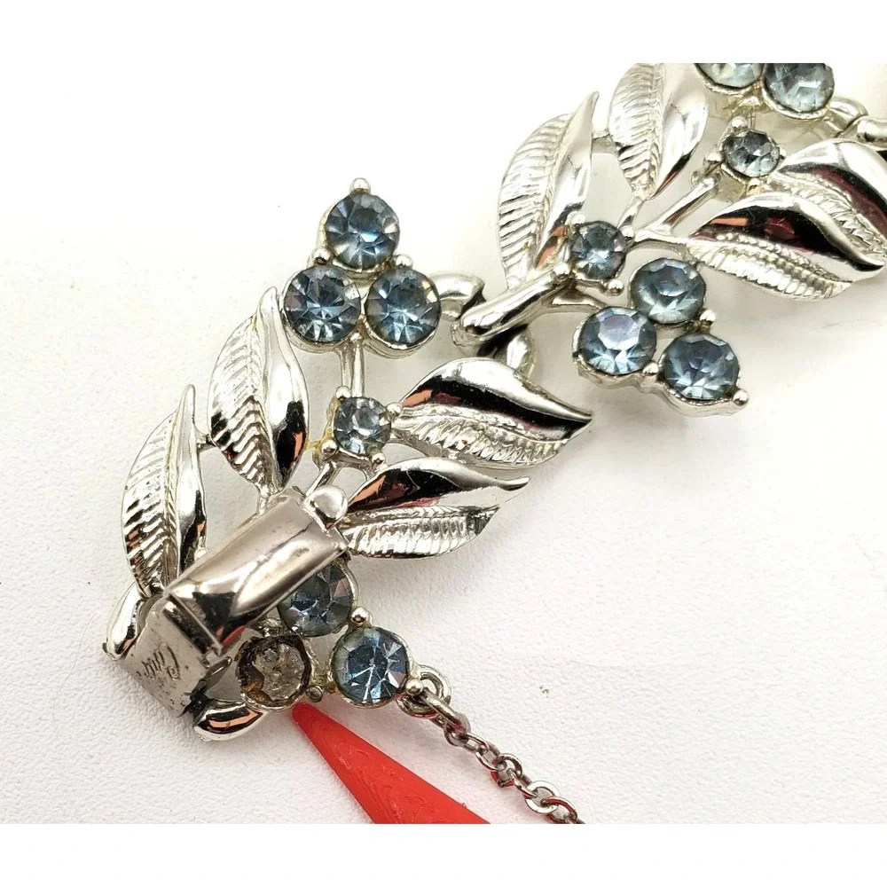 Vintage Coro Blue Rhinestone Bracelet Leaf Berry Safety Chain 7